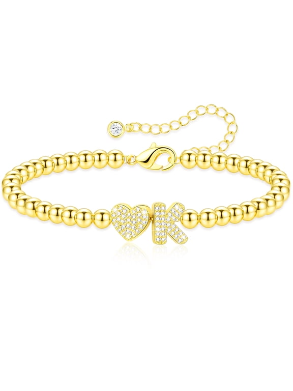 18K Gold Plated Love Heart Initial Bracelet for Women CZ Letter K Beaded Bracelet Birthday Christmas Jewelry Gifts Teen Girls Stocking Stuffers Kids