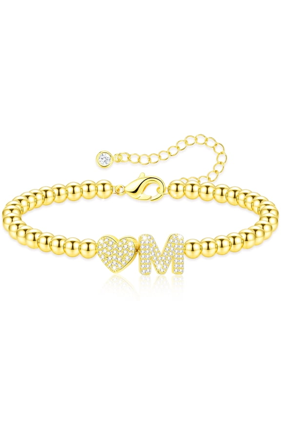 18K Gold Plated Love Heart Initial Bracelet for Women Girls CZ Letter M Beaded Bracelet Birthday Graduation Jewelry Gifts Teen Mom Her Adults Wife Kids Age Ideas
