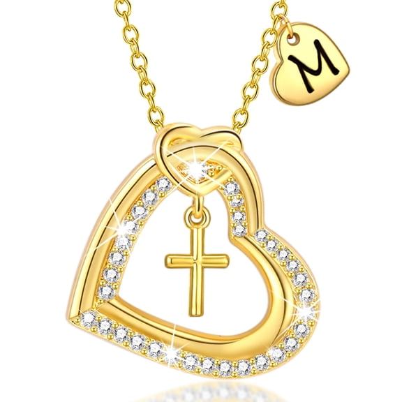 APSVO 18K Gold Plated Love Heart Initial Cross Necklaces for Women Girls CZ Letter M Pendant Chain Birthday Valentines Day Jewelry Gifts Teen Her Girlfriend Wife Lady Female Adults Kids Age Ideas