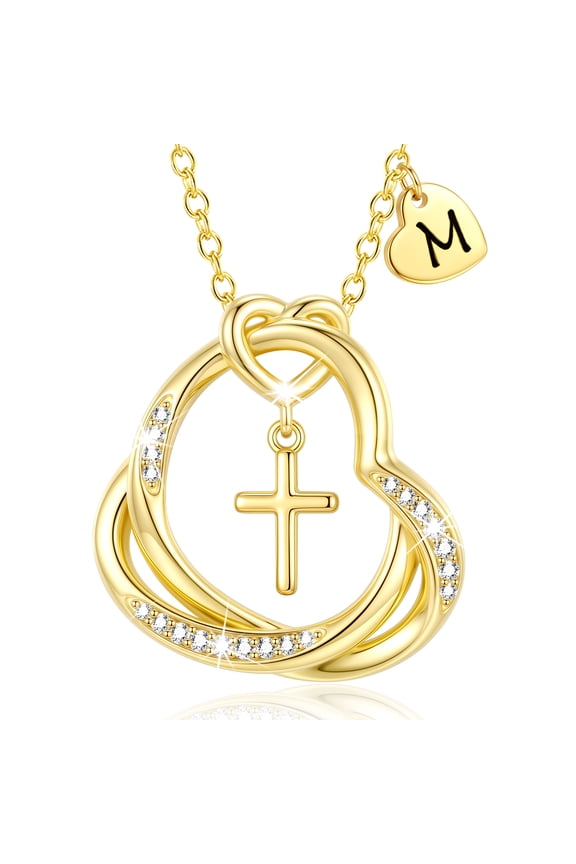 18K Gold Plated Love Heart Initial Cross Necklace for Women Girls CZ Hypoallergenic Letter M Necklace Birthday Xmas Christmas Jewelry Gifts Stocking Stuffers for Kids