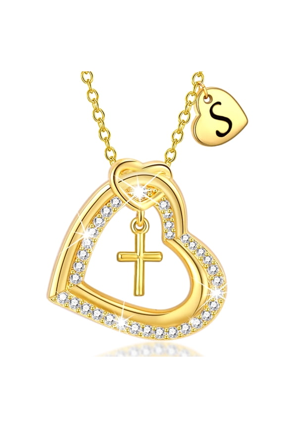 18K Gold Plated Love Heart Initial Cross Necklaces for Women Girls CZ Letter S Pendant Chain Birthday Valentines Day Jewelry Gifts Teen Her Girlfriend Wife Lady Female Adults Kids Age Ideas