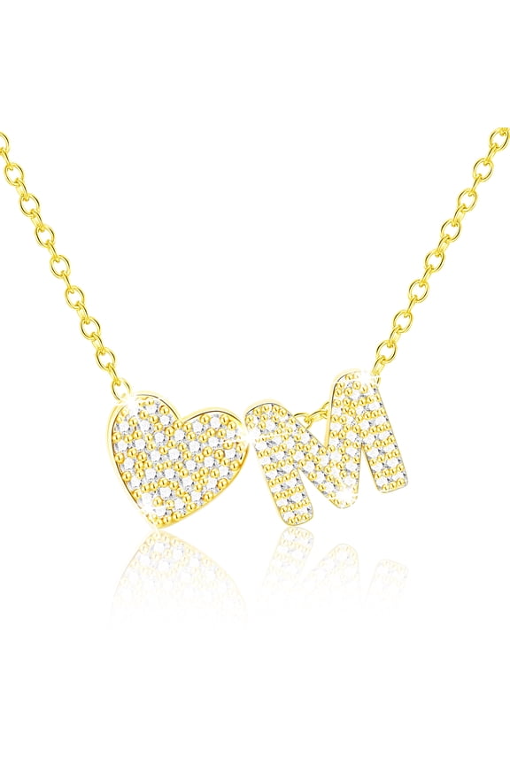 18K Gold Plated Love Heart Initial Necklaces for Women Girls CZ Letter M Pendant Chain Birthday Easter Basket Stuffers Jewelry Gifts Teen Girlfriend Wife Her Female Lady Daughter Kids Age Ideas