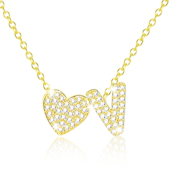 APSVO 18K Gold Plated Love Heart Initial Necklaces for Women Girls CZ Letter V Pendant Chain Birthday Graduation Jewelry Gifts Teen Her Mom Girlfriend Wife Female Daughter Kids Age Ideas
