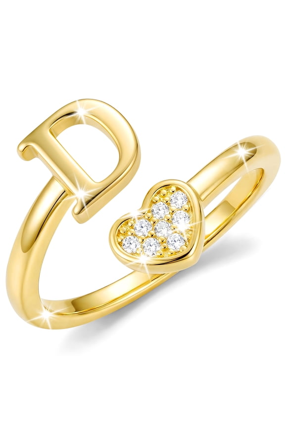 18K Gold Plated Love Heart Initial Rings for Women Girls Stackable Non Tarnish Knuckle CZ Letter D Ring Wedding Birthday Valentines Day Jewelry Gifts Teen Girlfriend Wife Her Kids Age Ideas