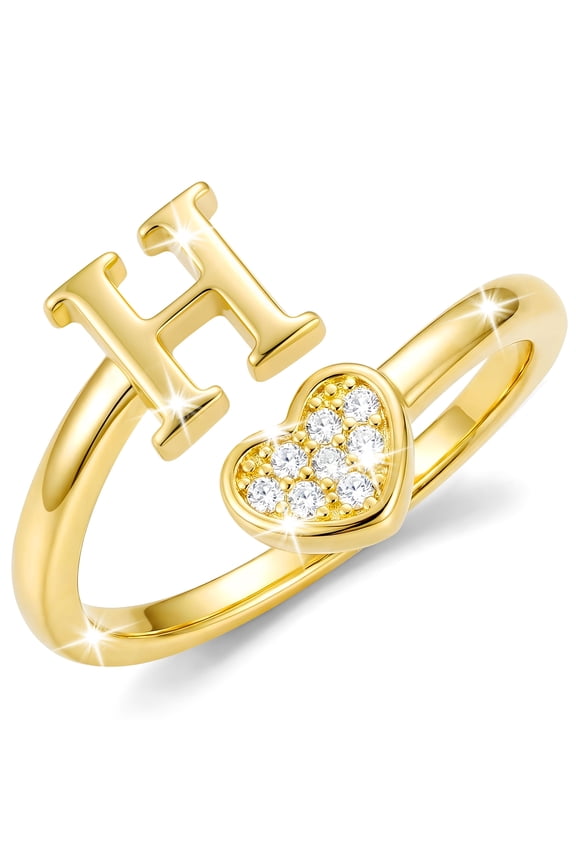 18K Gold Plated Love Heart Initial Rings for Women Girls Stackable Non Tarnish Knuckle CZ Letter H Ring Wedding Birthday Valentines Day Jewelry Gifts Teen Girlfriend Wife Her Kids Age Ideas