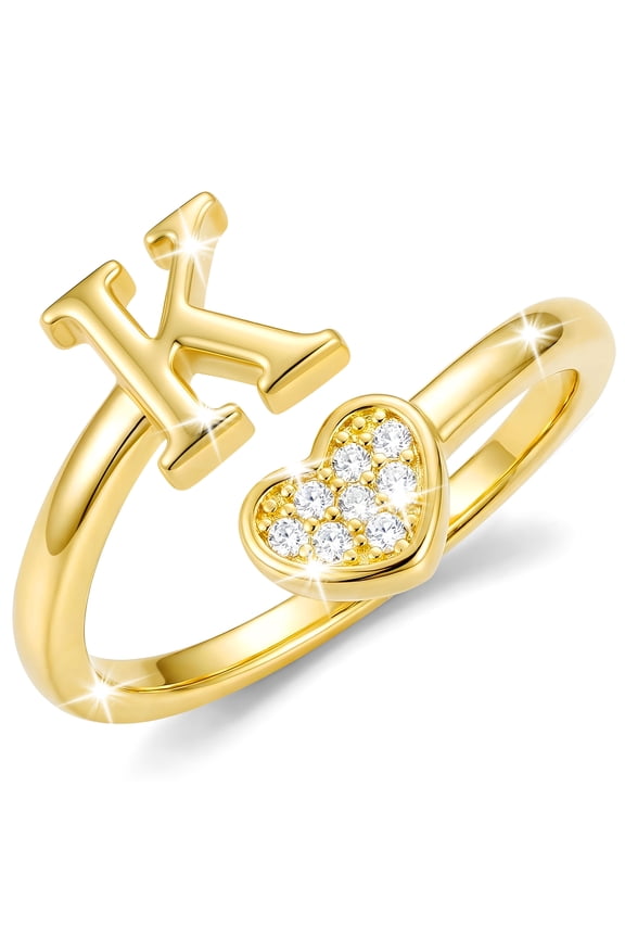 18K Gold Plated Love Heart Initial Rings for Women Girls Stackable Non Tarnish Knuckle CZ Letter K Ring Wedding Birthday Valentines Day Jewelry Gifts Teen Girlfriend Wife Her Kids Age Ideas