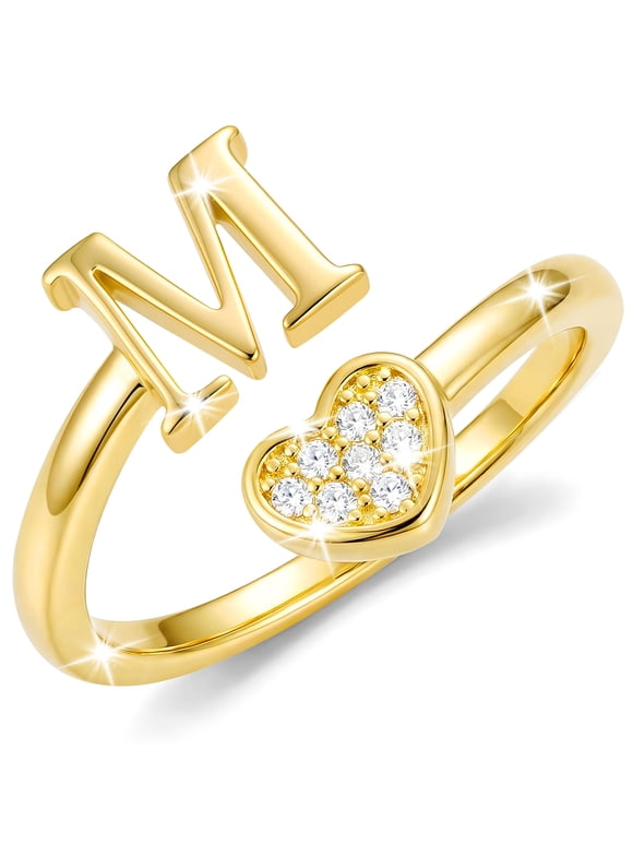 18K Gold Plated Love Heart Initial Rings for Women Girls Stackable Non Tarnish Knuckle CZ Letter M Ring Wedding Birthday Valentines Day Jewelry Gifts Teen Girlfriend Wife Her Kids Age Ideas