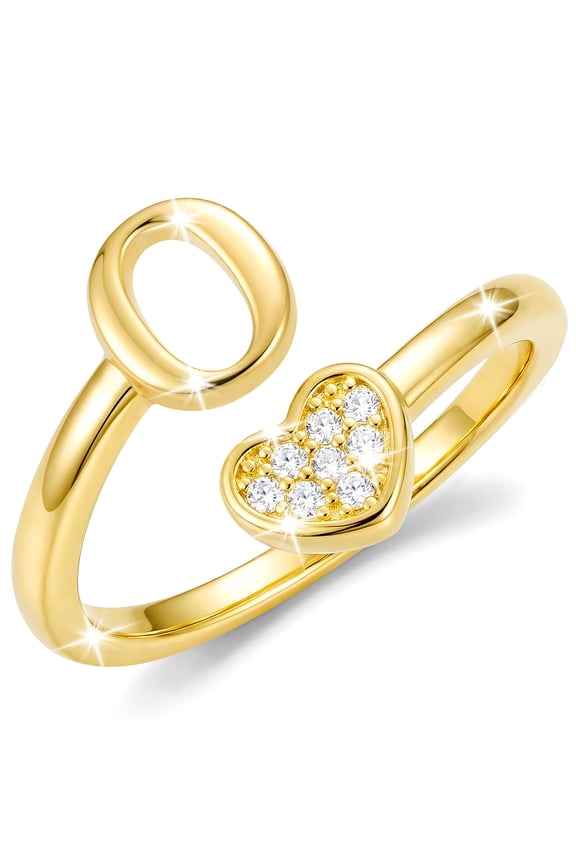 18K Gold Plated Love Heart Initial Rings for Women Girls Stackable Non Tarnish Knuckle CZ Letter O Ring Wedding Birthday Valentines Day Jewelry Gifts Teen Girlfriend Wife Her Kids Age Ideas