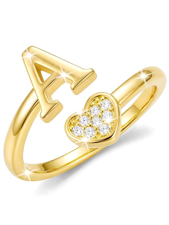 18K Gold Plated Love Heart Initial Rings for Women Girls Stackable Non Tarnish Knuckle CZ Letter A Ring Wedding Birthday Graduation Mothers Day Jewelry Gifts Teen Mom Wife Her Kids Age Ideas