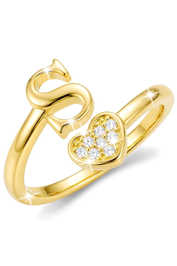 18K Gold Plated Love Heart Initial Rings for Women Girls Stackable Non Tarnish Knuckle CZ Letter S Ring Wedding Birthday Valentines Day Jewelry Gifts Teen Girlfriend Wife Her Kids Age Ideas