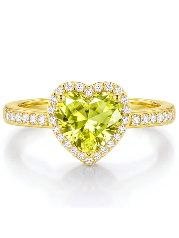 18K Gold Plated Love Heart Rings for Women CZ August Birthstone Ring with Peridot Eternity Promise Band Engagement Wedding Birthday Christmas Jewelry Gifts Teen Girls Stocking Stuffers Kids