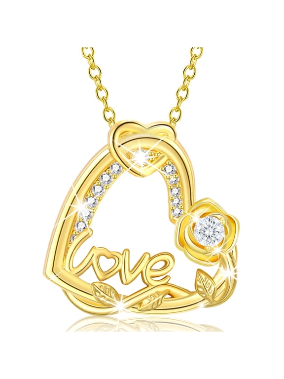 18K Gold Plated Love Heart Rose Necklaces for Women April Birthstone Necklace with Crystal Birthday Graduation Jewelry Gifts Ideas Teen Her Mom Female Lady Adult Age Ideas