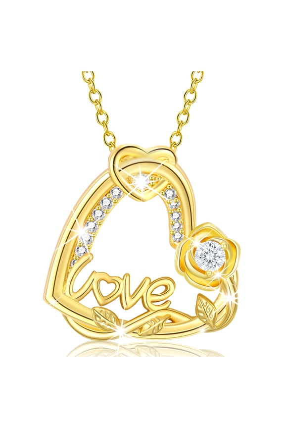 18K Gold Plated Love Heart Rose Necklaces for Women April Birthstone Necklace with Crystal Birthday Graduation Jewelry Gifts Ideas Teen Her Mom Female Lady Adult Age Ideas