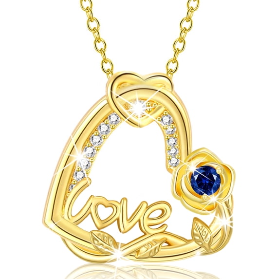 APSVO 18K Gold Plated Love Heart Rose Necklaces for Women September Birthstone Necklace with Blue Sapphire Birthday Mothers Day Jewelry Gifts Teen Mom Female Lady Adult Age Ideas