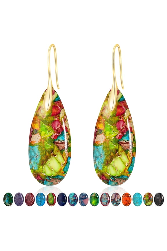 18K Gold Plated Nature Healing Stone Drop Earrings for Women Hypoallergenic Fishhoop Colorful Dangle Earrings Birthday Valentines Day Jewelry Gifts Teen Girlfriend Wife Her Age Ideas