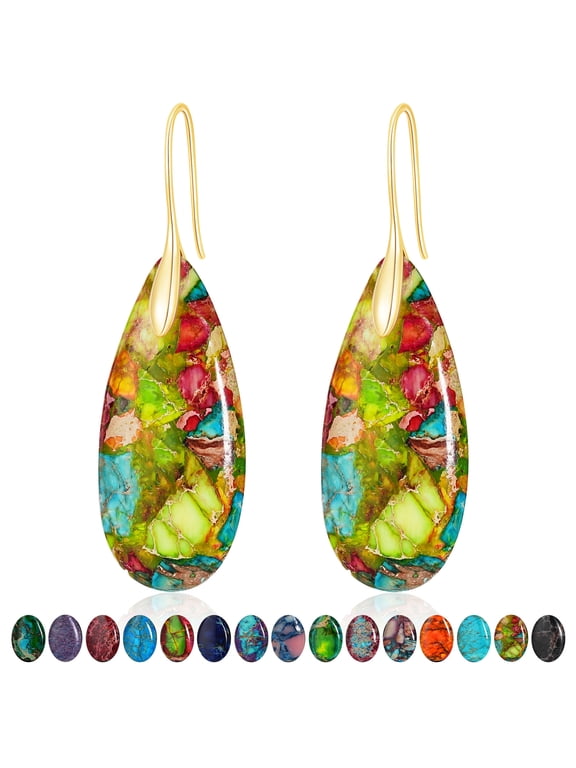 18K Gold Plated Nature Healing Stone Drop Earrings for Women Hypoallergenic Fishhoop Colorful Dangle Earrings Birthday Jewelry Gifts Adults Ideas