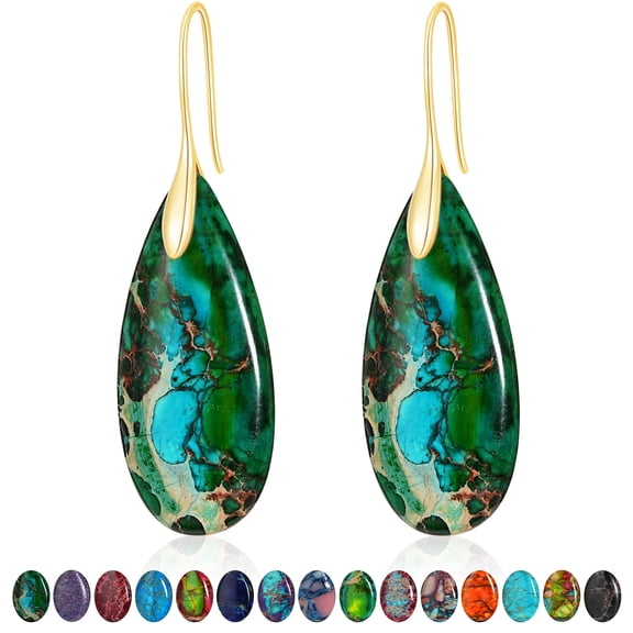 APSVO 18K Gold Plated Nature Healing Stone Drop Earrings for Women Hypoallergenic Fishhoop Dark Green Dangle Earrings Birthday Valentines Day Jewelry Gifts Teen Girlfriend Wife Her Age Ideas