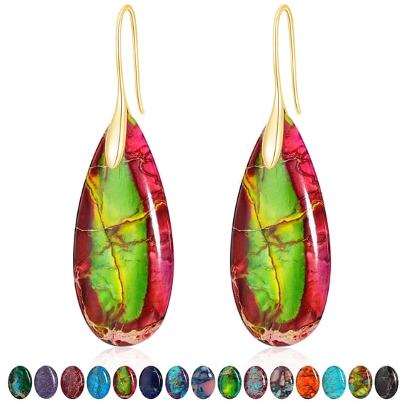 APSVO 18K Gold Plated Nature Healing Stone Drop Earrings for Women Hypoallergenic Fishhoop Red Green Dangle Earrings Birthday Valentines Day Jewelry Gifts Teen Girlfriend Wife Her Age Ideas