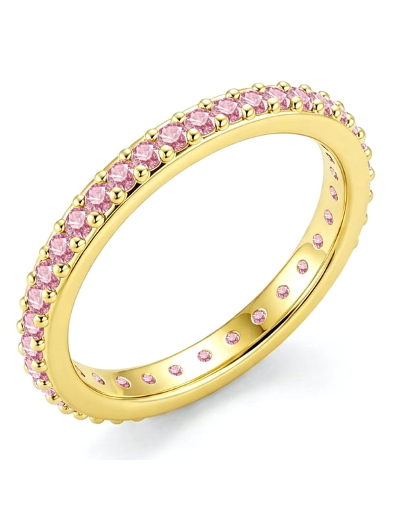 18K Gold Plated Rings for Women Non Tarnish CZ October Birthstone Ring with Pink Tourmaline Eternity Promise Band Wedding Birthday Graduation Mothers Day Jewelry Gifts Teen Mom Ideas