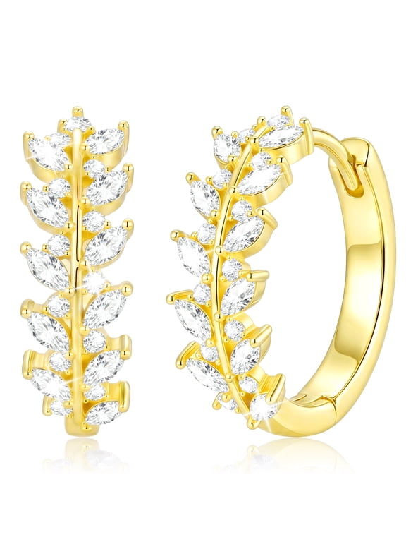18K Gold Plated Leaf Simulated Diamond Hoop Earrings for Women Hypoallergenic Post Earrings Birthday Prom Christmas Jewelry Gifts Teen Stocking Stuffers Adults Ideas