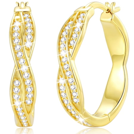 APSVO 18K Gold Plated Twisted Simulated Diamond Hoop Earrings for Women Hypoallergenic Post Earrings Birthday Prom Christmas Jewelry Gifts Teen Stocking Stuffers Adults Ideas
