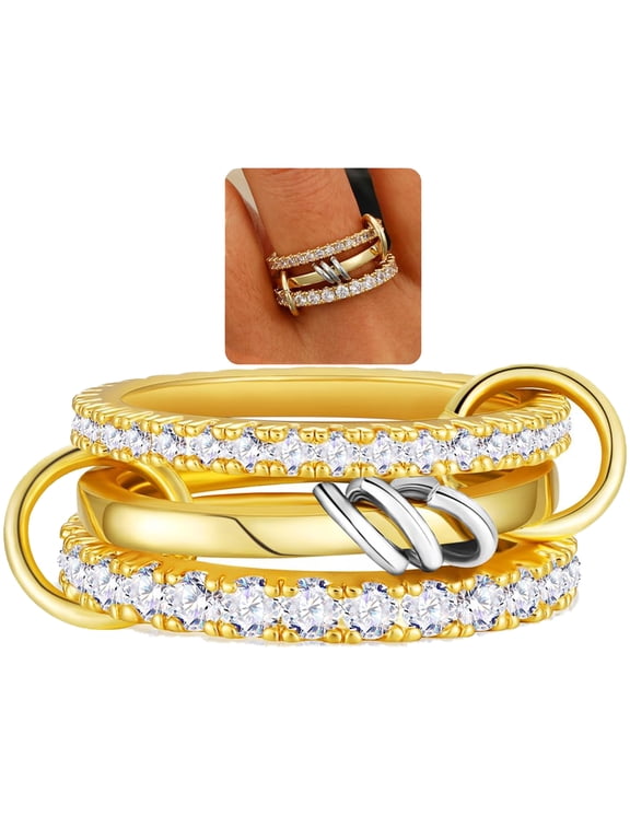 18K Gold Plated Stackable Rings for Women Non Tarnish CZ Interlocked Knuckle Multi Link Connected Rings Set Wedding Birthday Christmas Jewelry Gifts Girlfriend Stocking Stuffers Adults