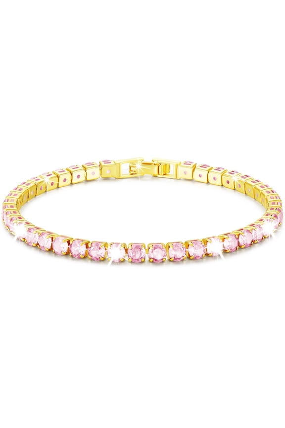 18K Gold Plated Tennis Bracelets for Women Girls CZ October Birthstone Bracelet with Pink Tourmaline Birthday Graduation Mothers Day Jewelry Gifts Teen Her Girlfriend Adults Kids Age Ideas