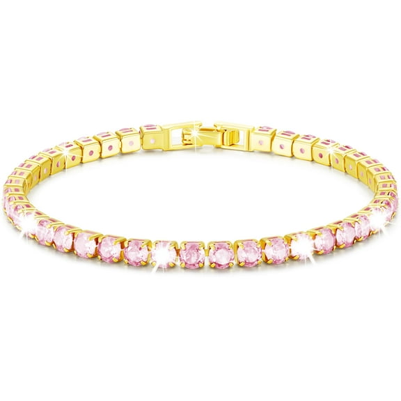 APSVO 18K Gold Plated Tennis Bracelets for Women Girls CZ October Birthstone Bracelet with Pink Tourmaline Birthday Christmas Jewelry Gifts Teen Preteen Mom Adults Stocking Stuffers for Kids Age
