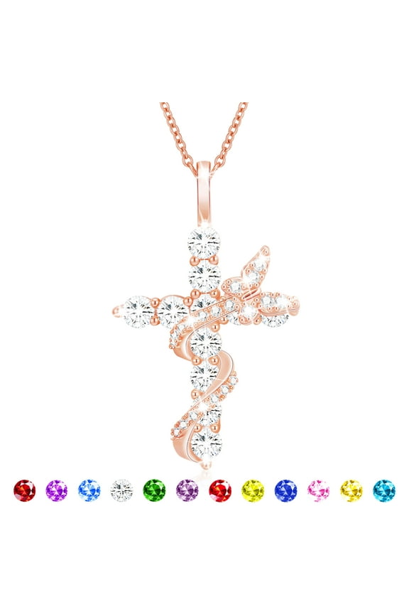 18K Rose Gold Plated Butterfly Cross Necklaces for Women Girls April Birthstone Pendant Chain with Crystal Birthday Valentines Day Jewelry Gifts Teen Her Girlfriend Female Adults Kids Age Ideas