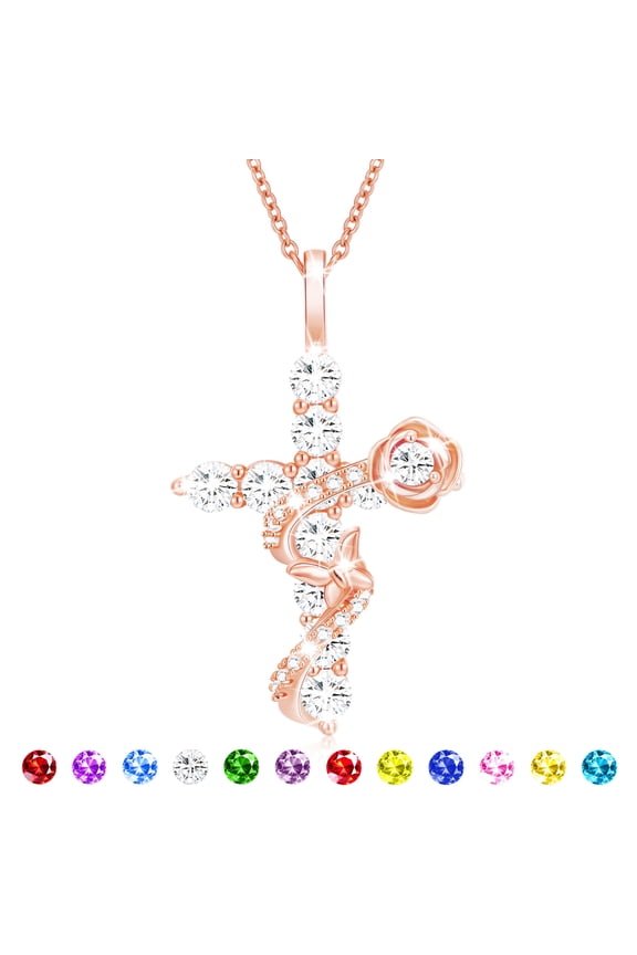 18K Rose Gold Plated Rose Cross Necklaces for Women Girls April Birthstone Pendant Chain with Crystal Birthday Valentines Day Jewelry Gifts Teen Her Girlfriend Female Adults Kids Age Ideas