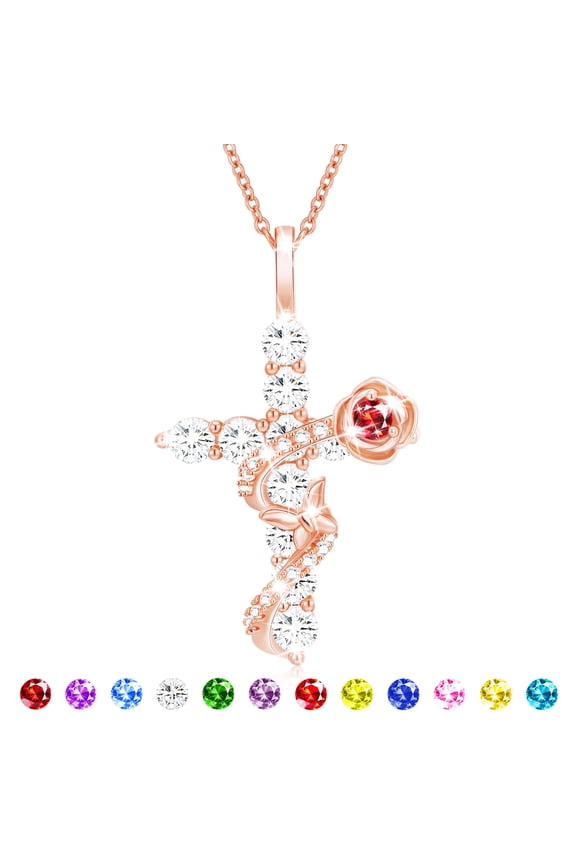 18K Rose Gold Plated Rose Cross Necklaces for Women Girls January Birthstone Pendant Chain with Red Garnet Birthday First Communion Easter Basket Stuffers Jewelry Gifts Teen Adults Kids Ideas