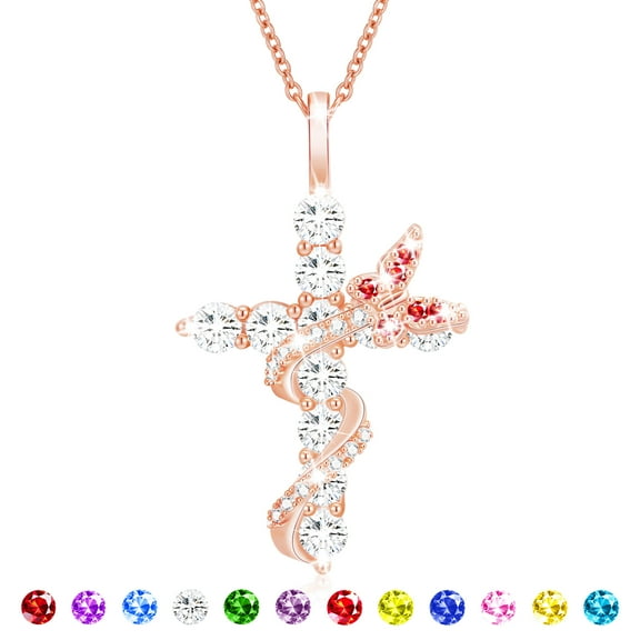 APSVO 18K Rose Gold Plated Butterfly Cross Necklaces for Women Girls July Birthstone Pendant Chain with Red Ruby Birthday Valentines Day Jewelry Gifts Teen Her Girlfriend Lady Adults Kids Age Ideas