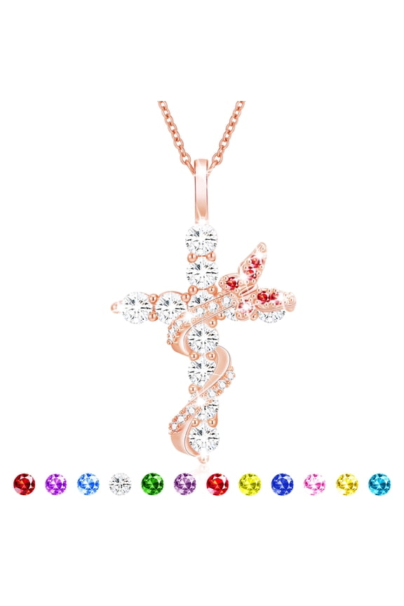18K Rose Gold Plated Butterfly Cross Necklaces for Women Girls July Birthstone Pendant Chain with Red Ruby Birthday First Communion Easter Basket Stuffers Jewelry Gifts Teen Adults Lady Kids