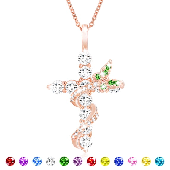 APSVO 18K Rose Gold Plated Butterfly Cross Necklaces for Women Girls May Birthstone Pendant Chain with Green Emerald Birthday First Communion Graduation Mothers Day Jewelry Gifts Teen Her Mom Kids