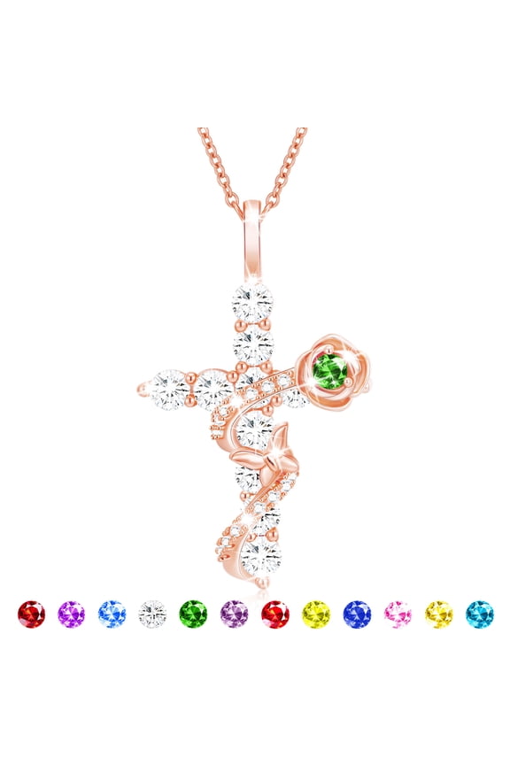 18K Rose Gold Plated Rose Cross Necklaces for Women Girls May Birthstone Pendant Chain with Green Emerald Birthday First Communion Easter Basket Stuffers Jewelry Gifts Teen Adults Kids Ideas