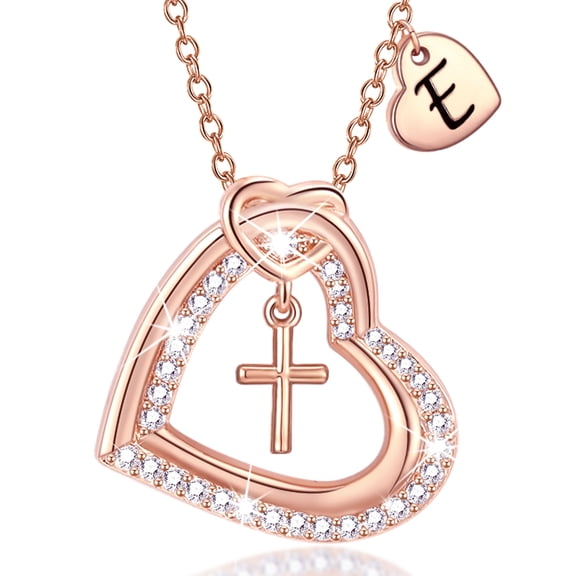 APSVO 18K Rose Gold Plated Love Heart Initial Cross Necklaces for Women Girls CZ Letter E Pendant Chain Birthday Valentines Day Jewelry Gifts Teen Her Girlfriend Wife Female Adults Kids Age Ideas