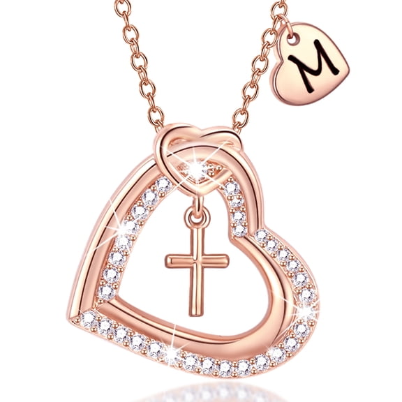 APSVO 18K Rose Gold Plated Love Heart Initial Cross Necklaces for Women Girls CZ Letter M Pendant Chain Birthday Valentines Day Jewelry Gifts Teen Her Girlfriend Wife Female Adults Kids Age Ideas