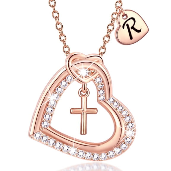 APSVO 18K Rose Gold Plated Love Heart Initial Cross Necklaces for Women Girls CZ Letter R Pendant Chain Birthday Valentines Day Jewelry Gifts Teen Her Girlfriend Wife Female Adults Kids Age Ideas