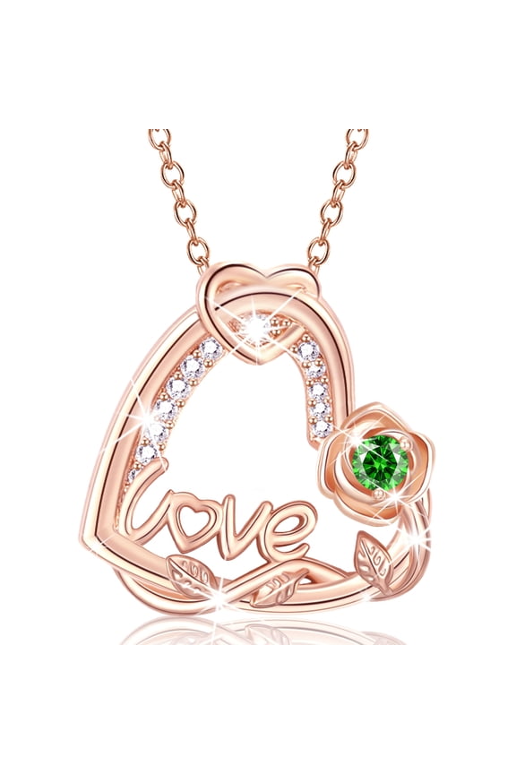 18K Rose Gold Plated Love Heart Rose Necklaces for Women GirlsMay Birthstone Necklace with Green Emerald Birthday Graduation Jewelry Gifts Teen Her Mom Female Lady Adult Age Ideas