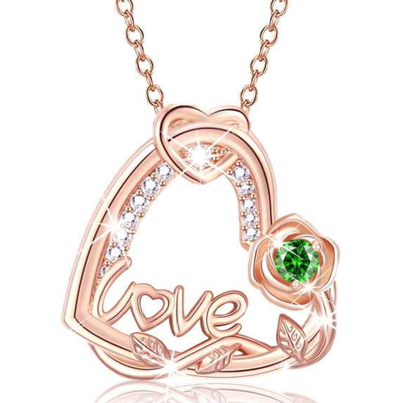 APSVO 18K Rose Gold Plated Love Heart Rose Necklaces for Women GirlsMay Birthstone Necklace with Green Emerald Birthday Graduation Jewelry Gifts Teen Her Mom Female Lady Adult Age Ideas