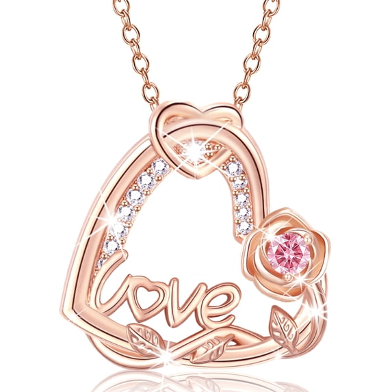 APSVO 18K Rose Gold Plated Love Heart Rose Necklaces for Women Octorber Birthstone Necklace with Pink Tourmaline Birthday Graduation Jewelry Gifts Teen Her Mom Female Lady Adult Age Ideas