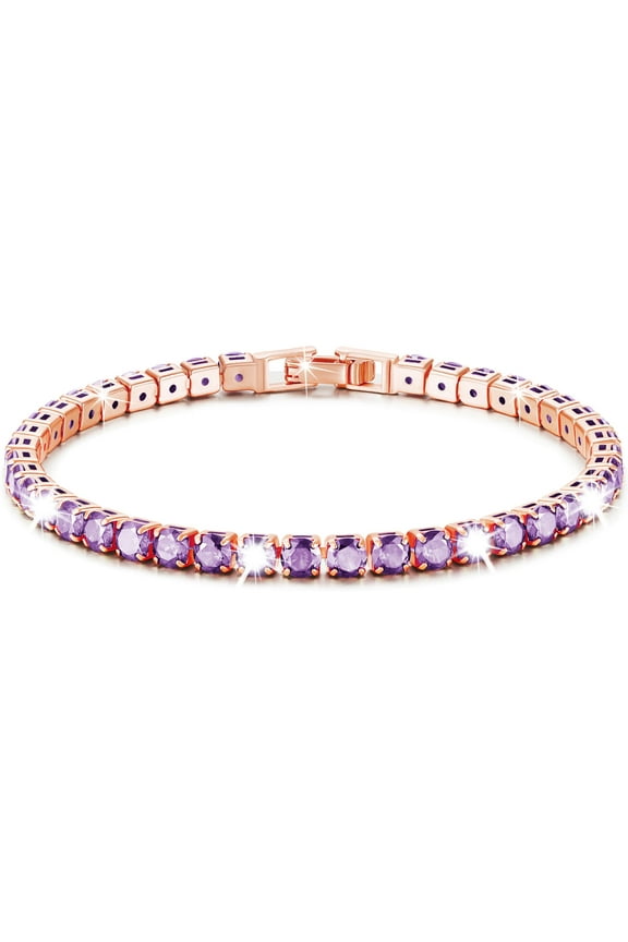 18K Rose Gold Plated Tennis Bracelets for Women Girls CZ February Birthstone Bracelet with Purple Amethyst Birthday Valentines Day Jewelry Gifts Teen Her Girlfriend Mom Adults Kids Age Ideas