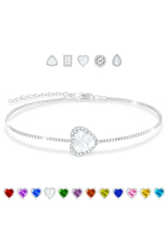 18K White Gold Plated Love Heart Charm Bracelets for Women Girls S925 Sterling Silver April Birthstone Bracelet Birthday Valentines Day Jewelry Gifts Teen Her Adults Female Wife Kids Age Ideas