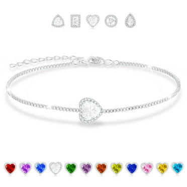 APSVO 18K White Gold Plated Love Heart Charm Bracelets for Women Teen Girls Kid Mom,CZ S925 Sterling Silver April Birthstone Bracelets with Crystal,Dainty Birthday Mother's Day Jewelry Gifts for Her
