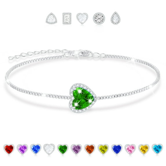APSVO 18K White Gold Plated Love Heart Charm Bracelets for Women Girls S925 Sterling Silver May Birthstone Bracelet with Green Emerald Birthday Valentines Day Jewelry Gifts Teen Her Adults Kids Ideas