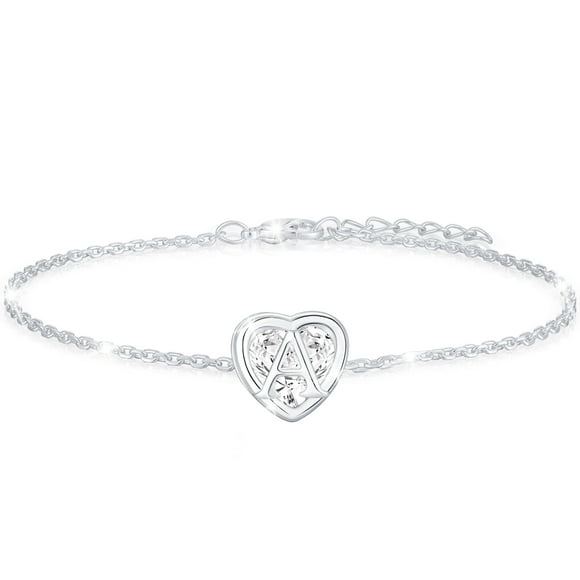 APSVO 18K White Gold Plated Love Heart Initial Bracelets for Women Girls Kid Teen Mom Wife Daughter Sister CZ S925 Sterling Silver Letter A Bracelet Birthday Age Mother's Day Jewelry Gifts for Her