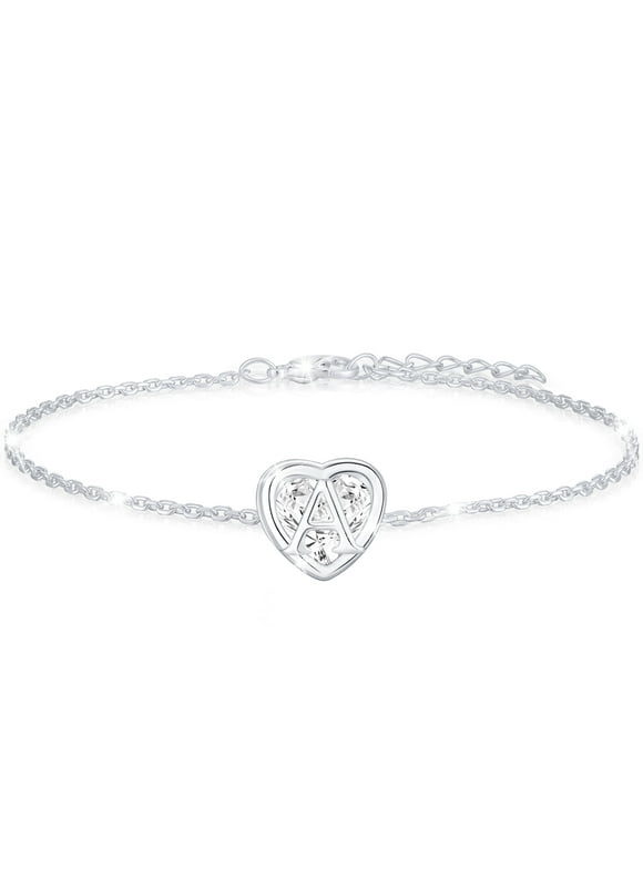 18K White Gold Plated Love Heart Initial Bracelets for Women Girls CZ S925 Sterling Silver Letter A Bracelet Birthday Valentines Day Jewelry Gifts Teen Her Mom Wife Lady Adults Kids Age Ideas
