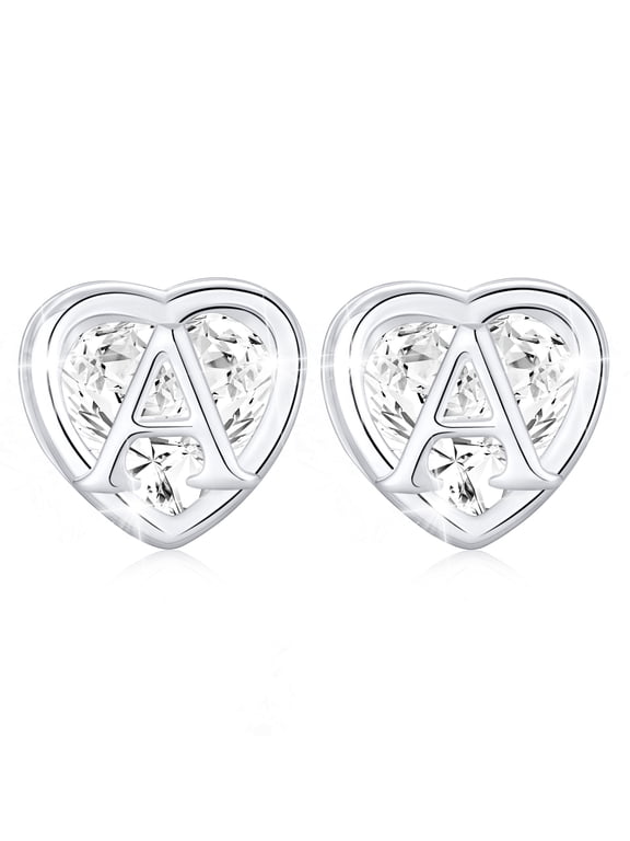 18K White Gold Plated Heart Initial Stud Earrings for Women Hypoallergenic with S925 Sterling Silver Post Letter A Earrings Birthday Christmas Jewelry Gifts Teen Girls Stocking Stuffers Kids