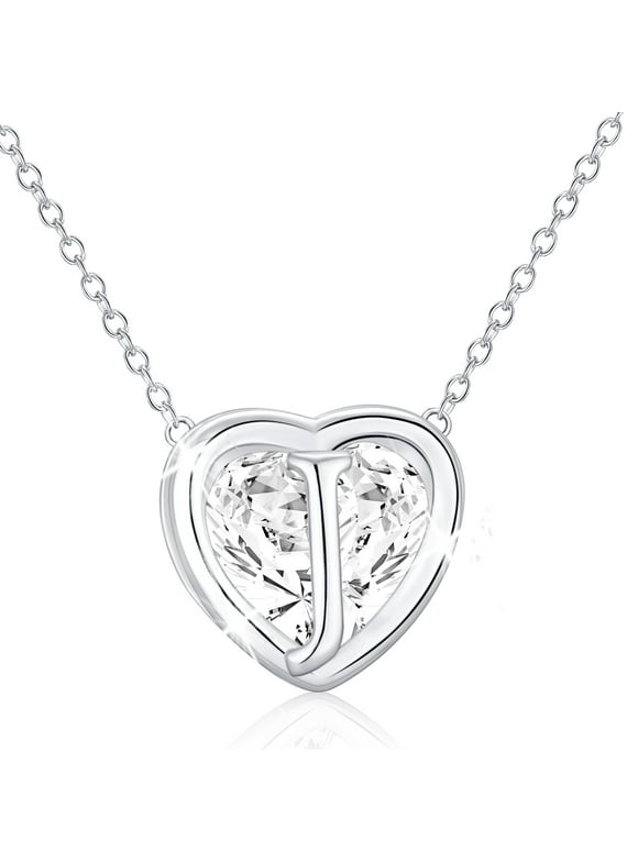 18K White Gold Plated Love Heart Initial Necklaces for Women Girls CZ S925 Sterling Silver Letter J Pendant Chain Birthday Valentines Day Jewelry Gifts Teen Her Mom Wife Adults Kids Age Ideas