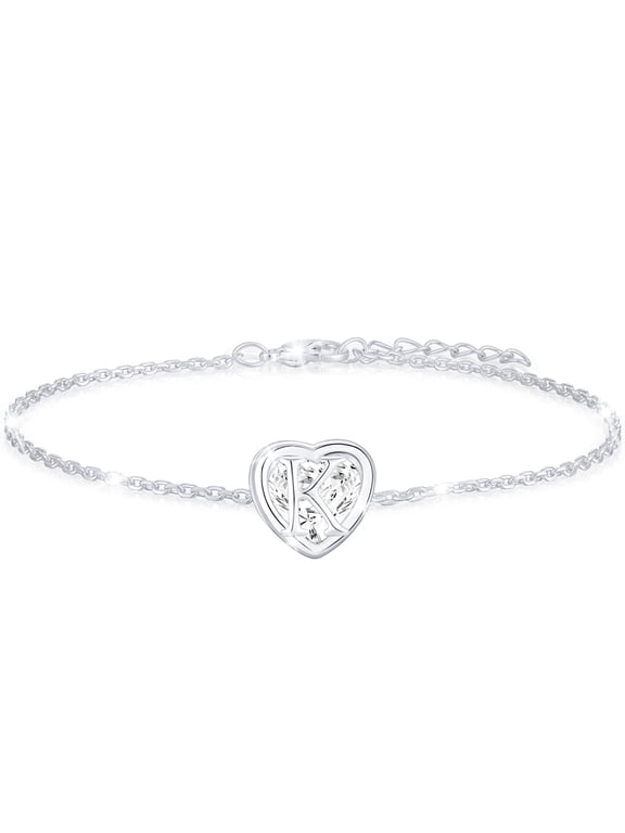 S925 Sterling Silver Plated Love Heart Initial Bracelets for Women Girls CZ Letter K Bracelet Birthday Graduation Jewelry Gifts Teen Her Mom Wife Lady Adults Kids Age Ideas